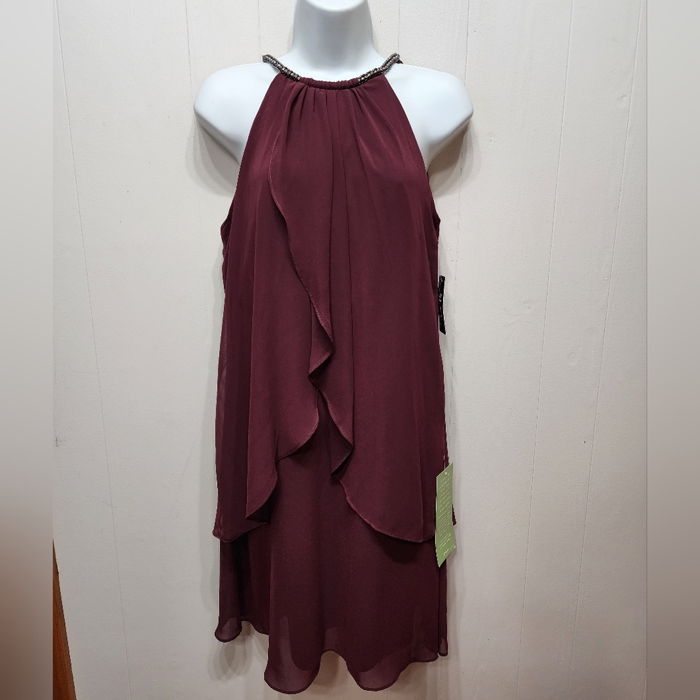 NWT SLNY Party Dress Halter Size 6 Burgundy Jewel Neck Sleeveless Ruffle B472